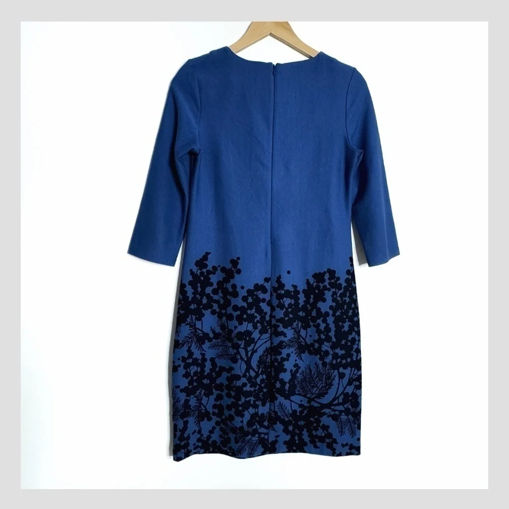 Boden Sheath Dress Stretch Ponte Fabric Blue Black Print 3/4 Sleeve Zip Back